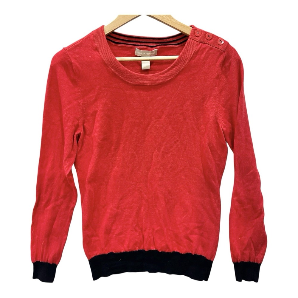 Banana‎ Republic Sweater Womens L 100% Merino Wool Red w Black Cuff Accents
